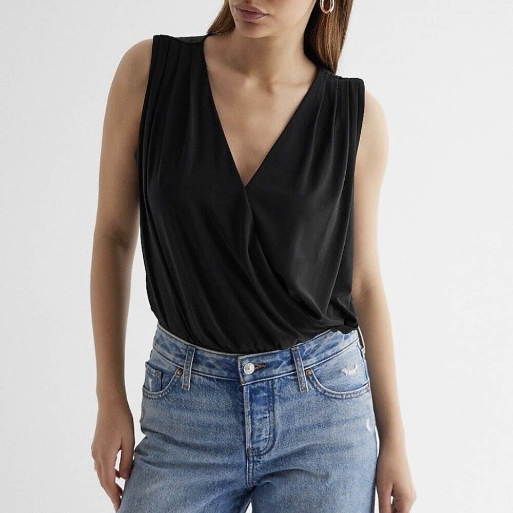 Express Women's Bodysuit Size XS Black V-Neck Surplice Pleated Shoulder NWT $44